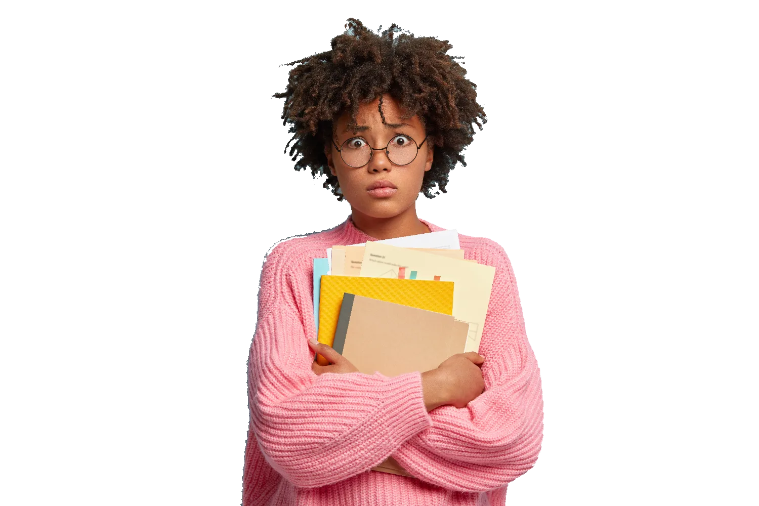 Overwhelmed nonprofit secretary surrounded by tasks